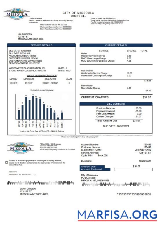 Realistic USA City of Missoula utility bill template in Word and PDF format